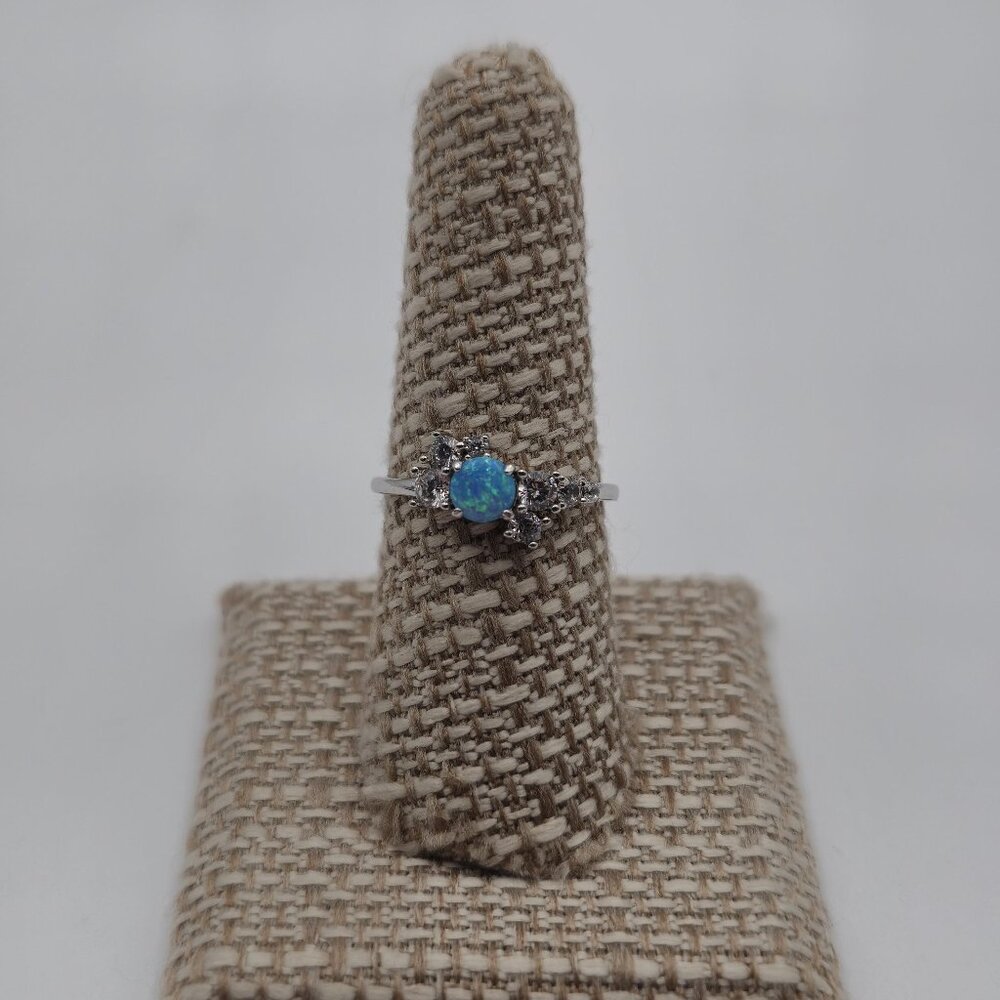 Size 8 Sterling Silver Abstract Blue Opal And Cubic Zirconia Ring A2494